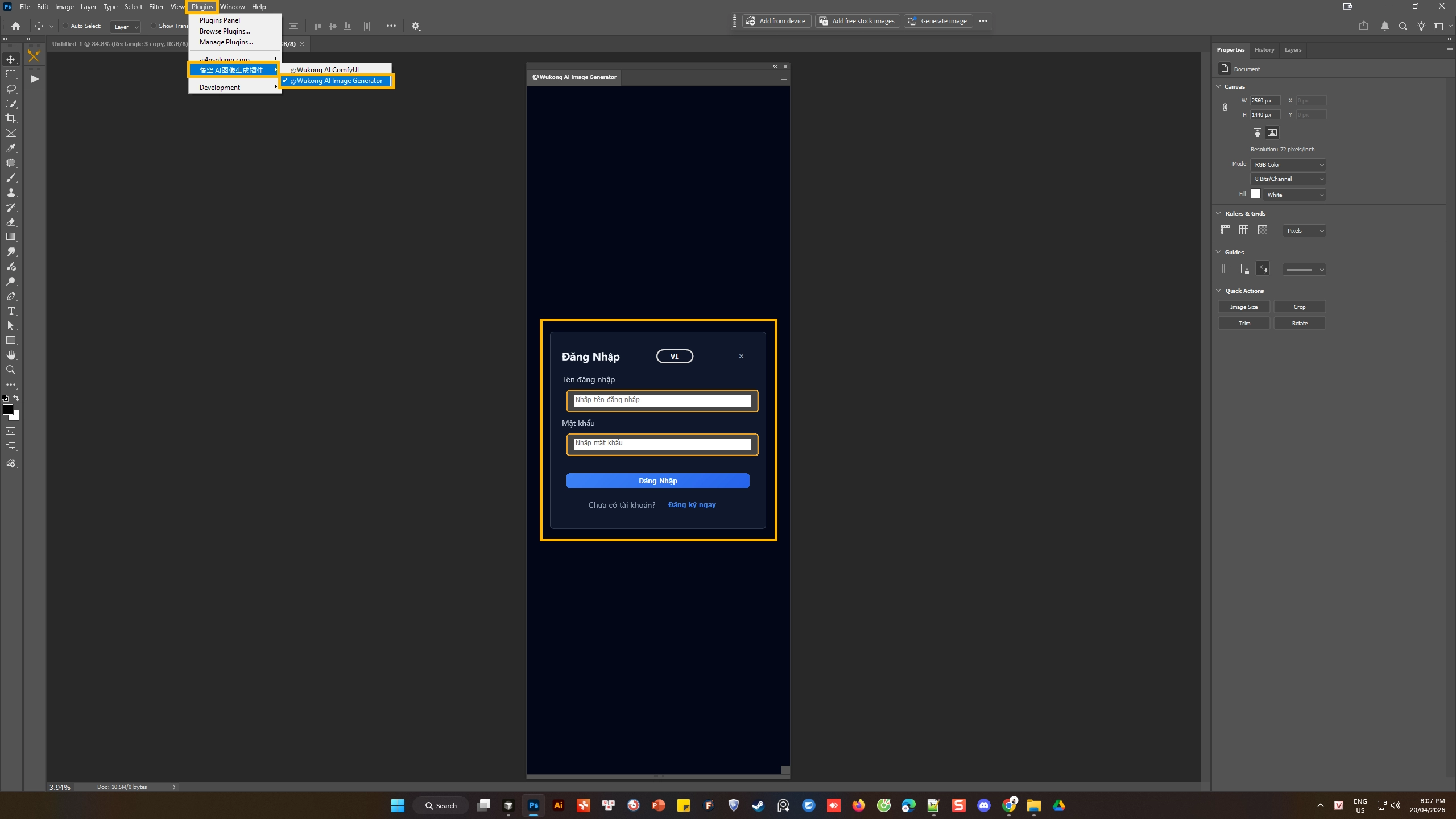 Hướng dẫn bước 2 - mở plugin và đăng ký tài khoản